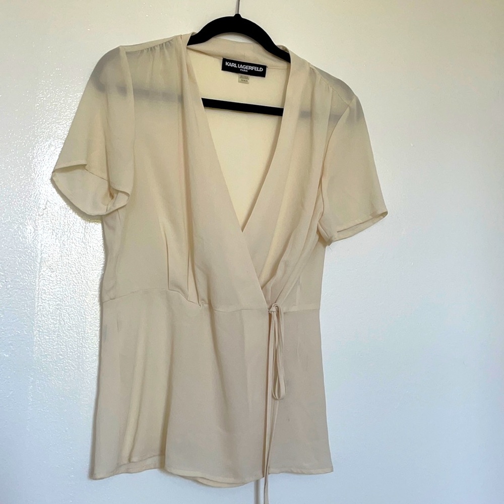 Karl Lagerfeld Paris cream semi-sheer wrap blouse
